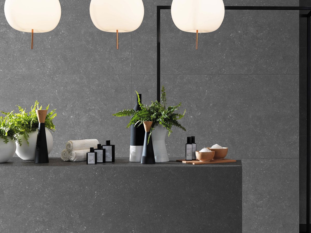 Gray stone look porcelain tile product surface