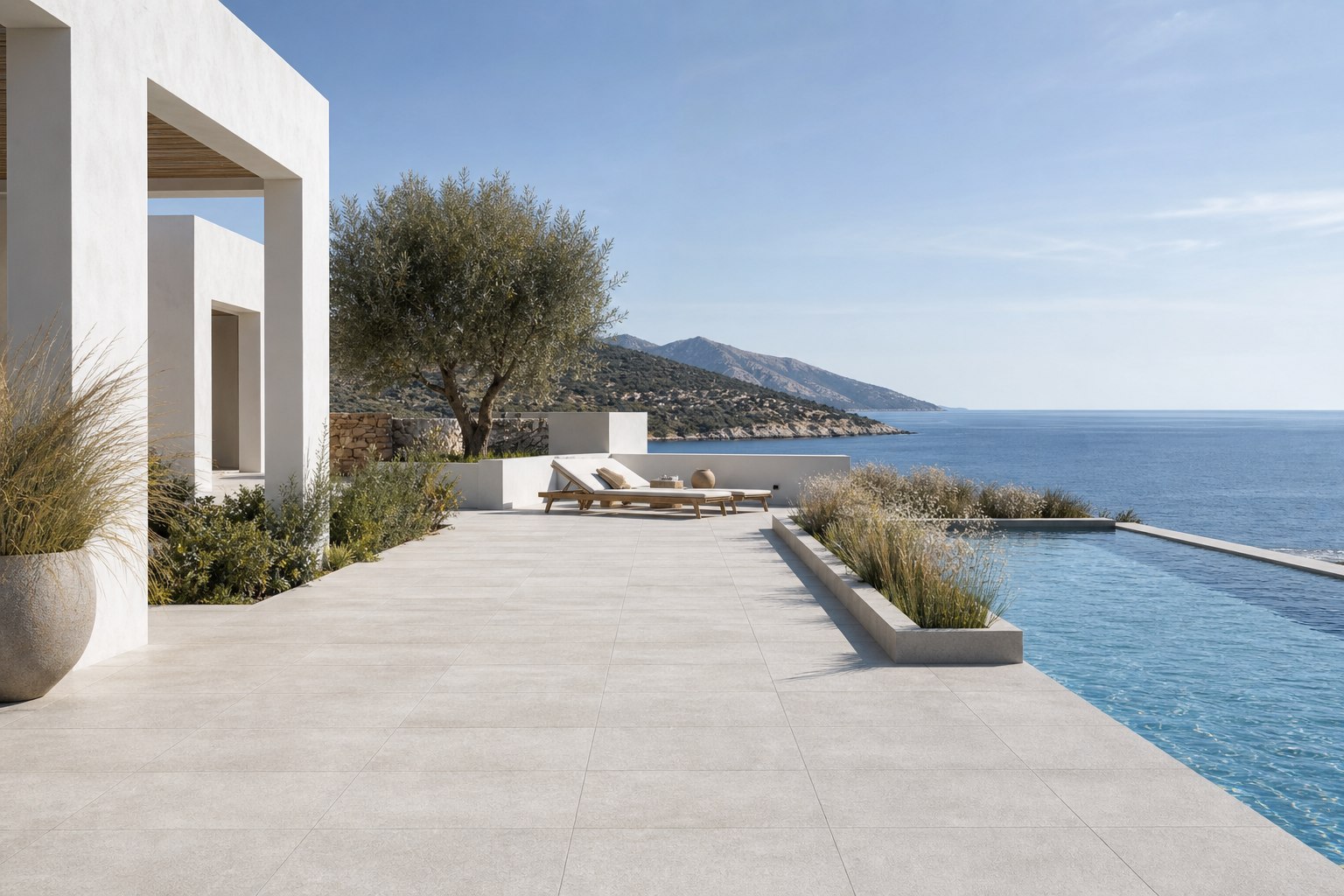 Coastal terrace with pale anti-slip outdoor ceramic paving