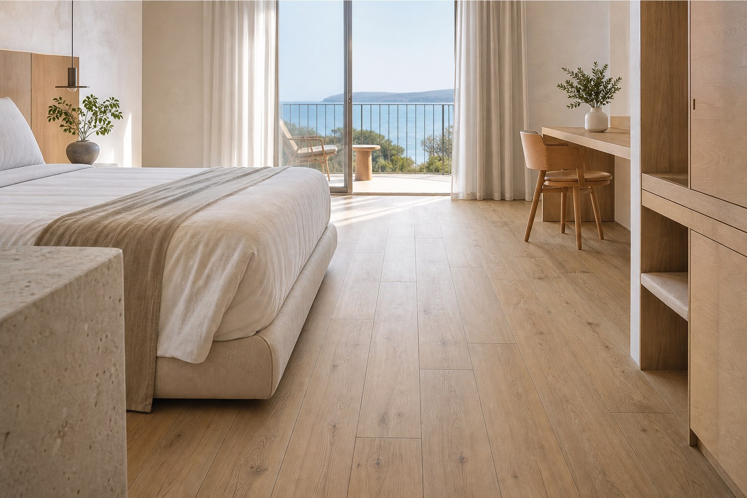 Coastal hospitality suite with wood-look porcelain flooring