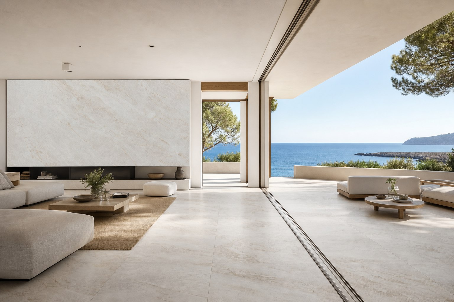Coastal living room using pale large format ceramic slabs