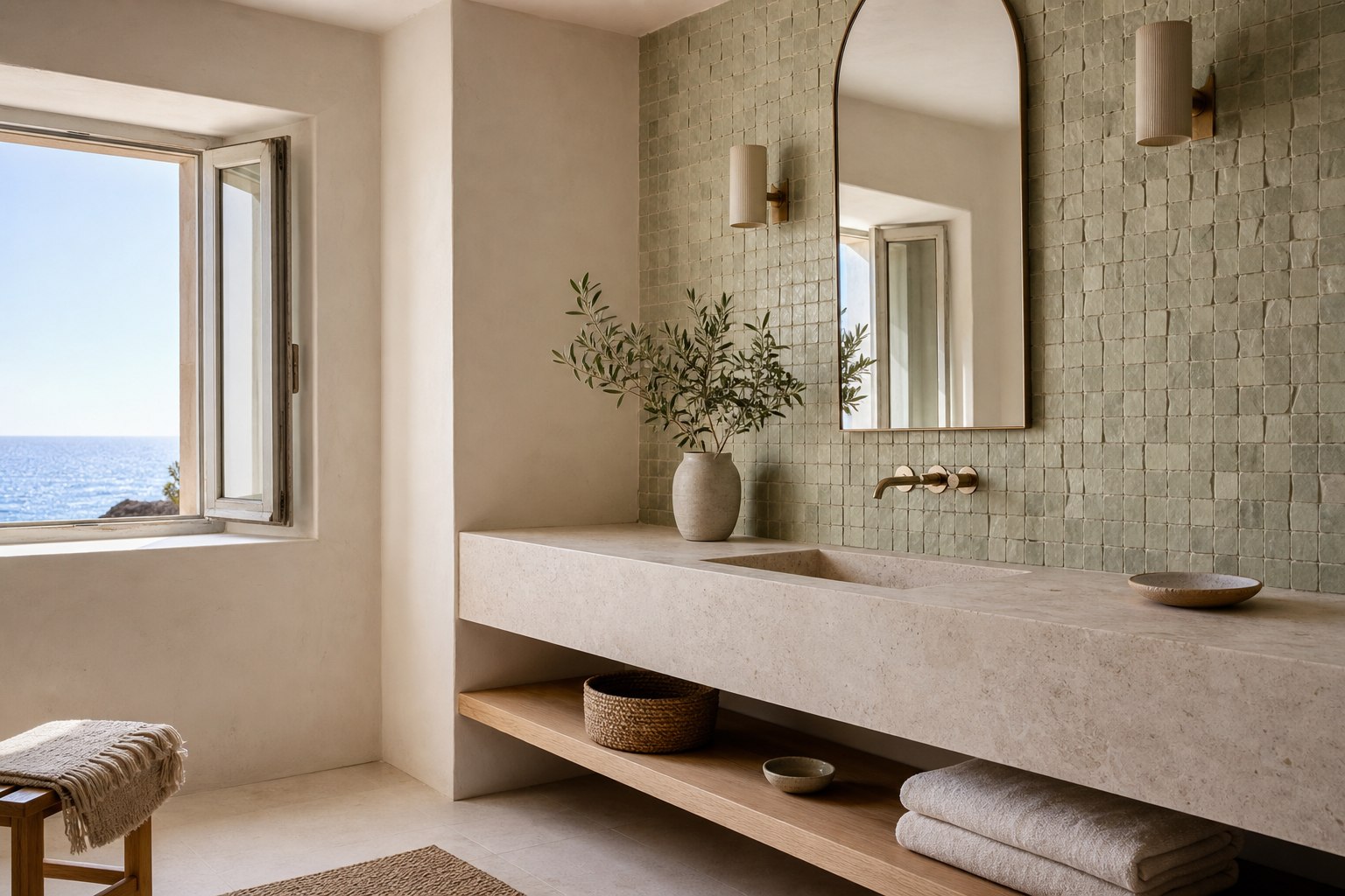 Coastal hospitality bathroom with handmade small ceramic tiles